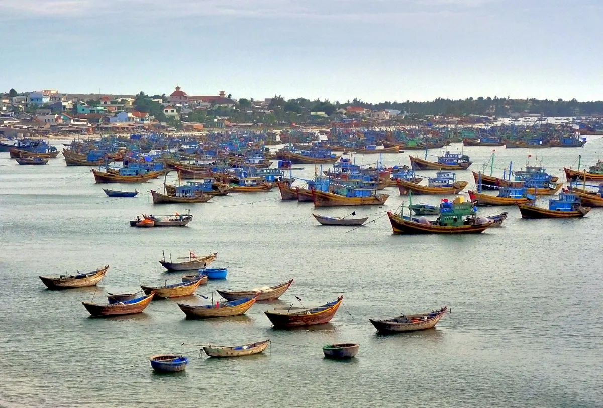 Những chiếc thuyền thúng tròn đan tre trên bãi biển Mũi Né