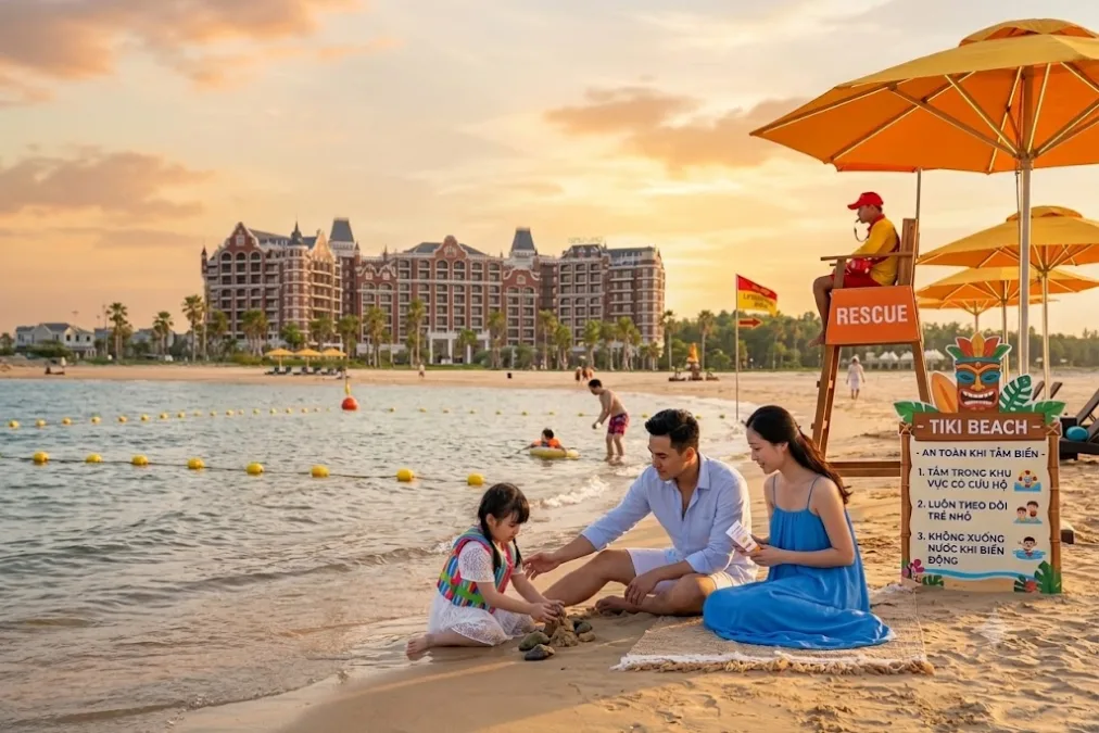 Toàn cảnh bãi biển Bikini Beach và khu vui chơi phía sau