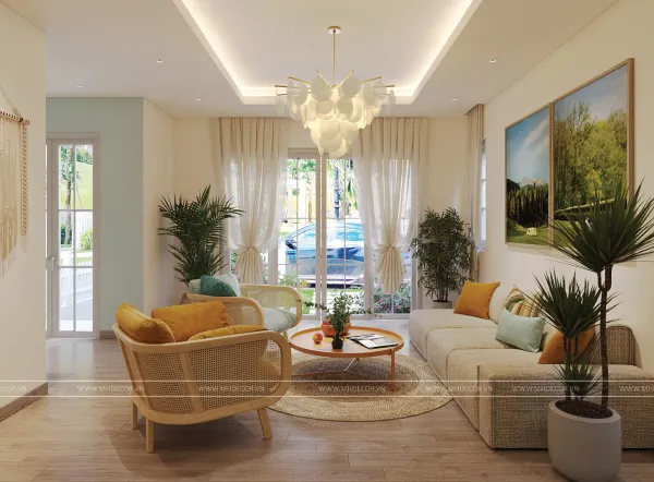 Phối cảnh 3D Phòng khách nhìn ra vườn — gói hoàn thiện nội thất biệt thự NovaWorld Phan Thiết