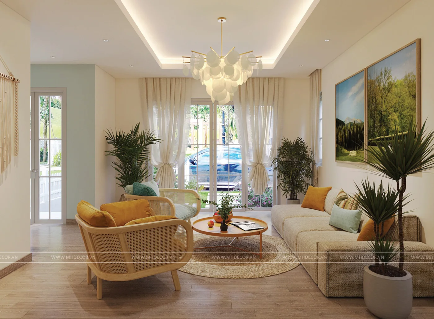 Phòng khách nhìn ra sân vườn qua cửa kính lớn, nội thất mây tre và sofa vải