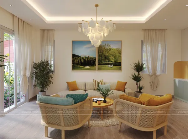 Phối cảnh 3D Góc sofa — gói hoàn thiện nội thất biệt thự NovaWorld Phan Thiết