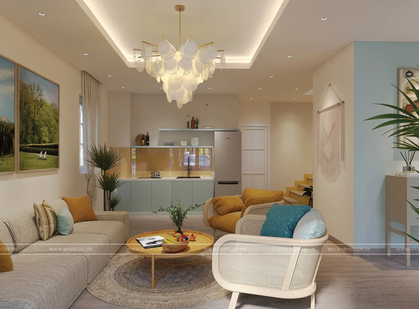 Phối cảnh 3D phòng khách liên thông bếp sau khi hoàn thiện nội thất biệt thự NovaWorld Phan Thiết